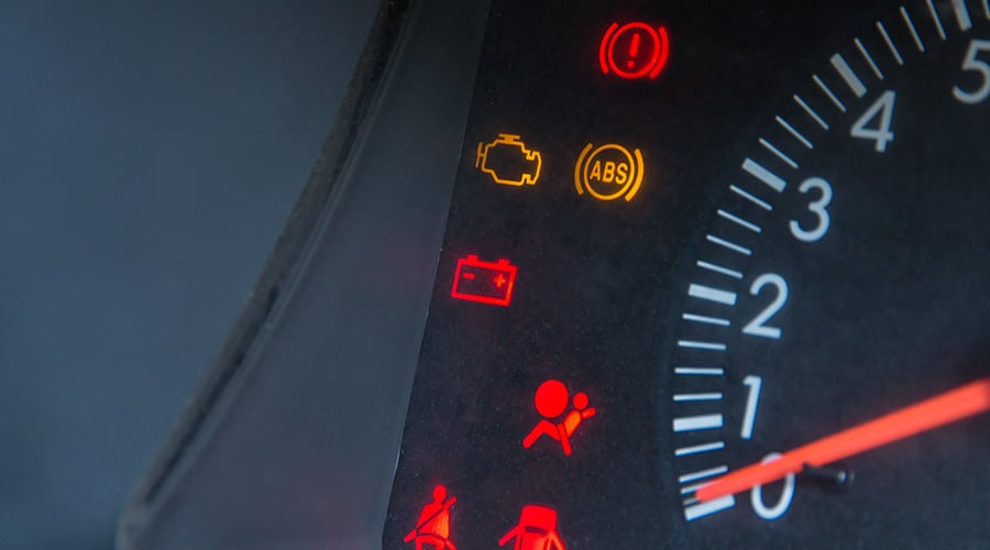 Screen display of car status warning light on dashboard panel symbols which show the fault indicators.