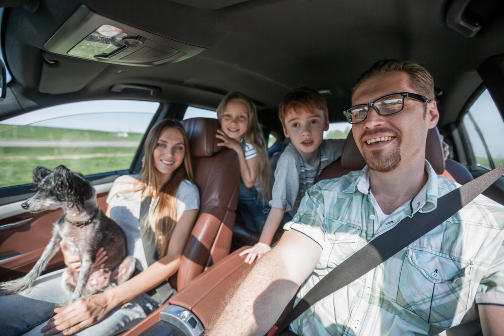Road Trip Safety Tips in Jacksonville, FL by Maxi Auto Repair: Happy family inside a car with a pet dog, highlighting the importance of vehicle maintenance and safety checks for a smooth and enjoyable journey.
