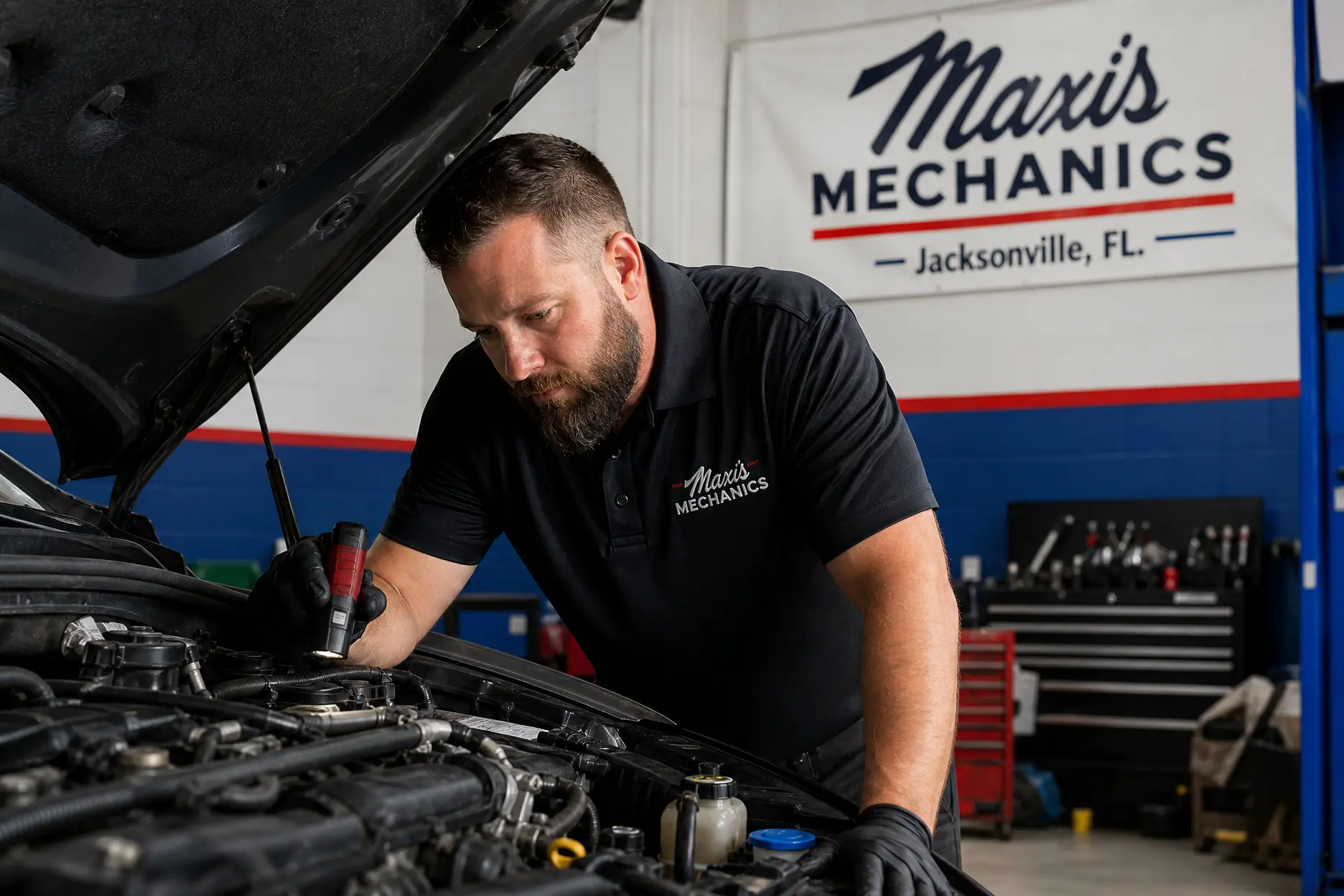 ASE-certified mechanic inspecting an engine under the hood â Maxi's Mechanics, Jacksonville, FL