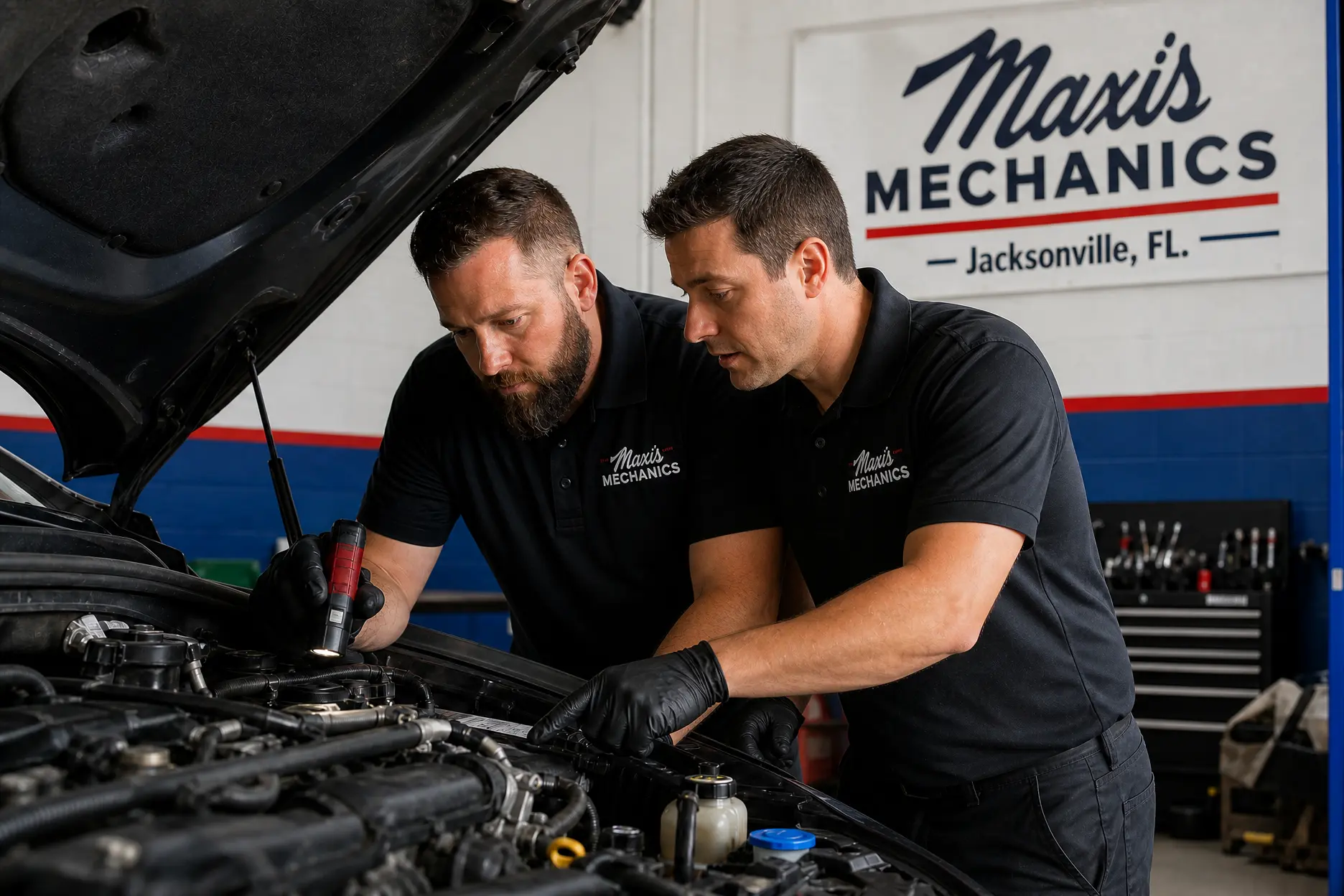 Two Maxi's Mechanics technicians collaborating over an engine bay â Maxi's Mechanics, Jacksonville, FL