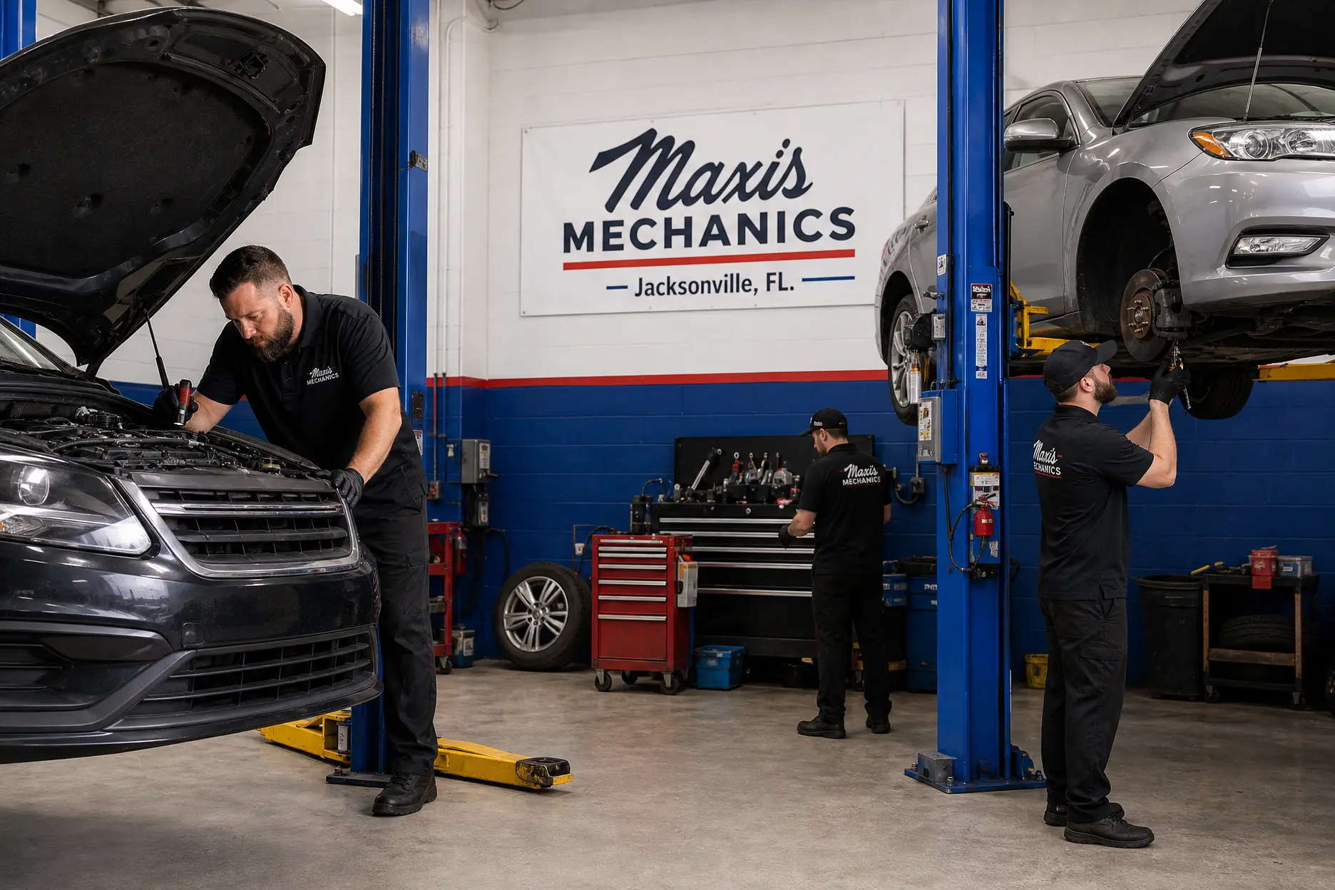 Wide view of the Maxi's Mechanics service bay with cars on lifts â Maxi's Mechanics, Jacksonville, FL